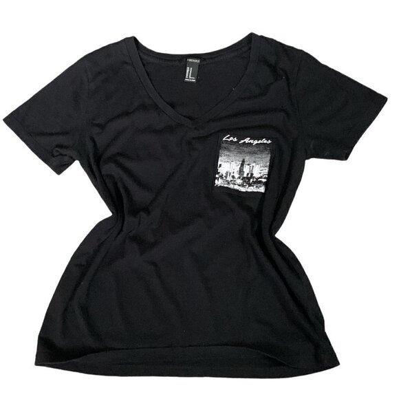 Forever 21 Womens V-Neck Pocket Graphic Tee Los Angeles Sz M Black #40C - Picture 1 of 8